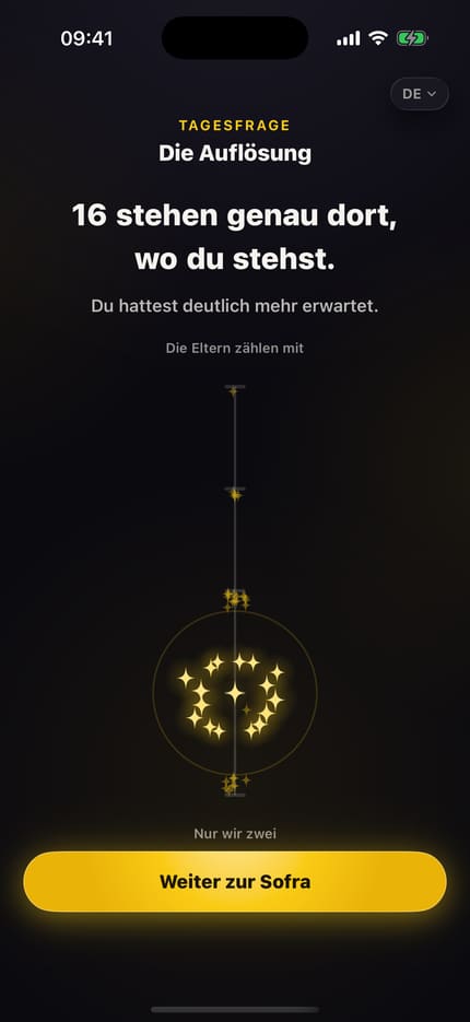 App-Bildschirm „Die Auflösung“: oben steht, wie viele Menschen heute genau dort stehen wie du, darunter eine Wolke aus Funken auf einer senkrechten Achse.