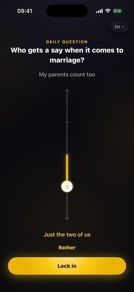 App screen “Today's question”: the question sits at the top, below it a vertical slider between two opposing answers. The spark rests in the middle, with the confirm button underneath.