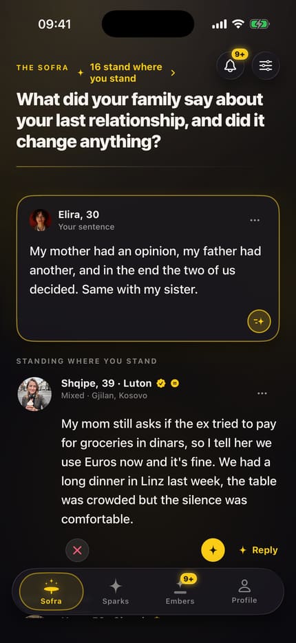 App screen “The sofra”: at the top your own card with the sentence you wrote, below it the question of the day and three people with photo, name, age, home town and their sentence. Every sentence carries an X, a spark and a button to reply.