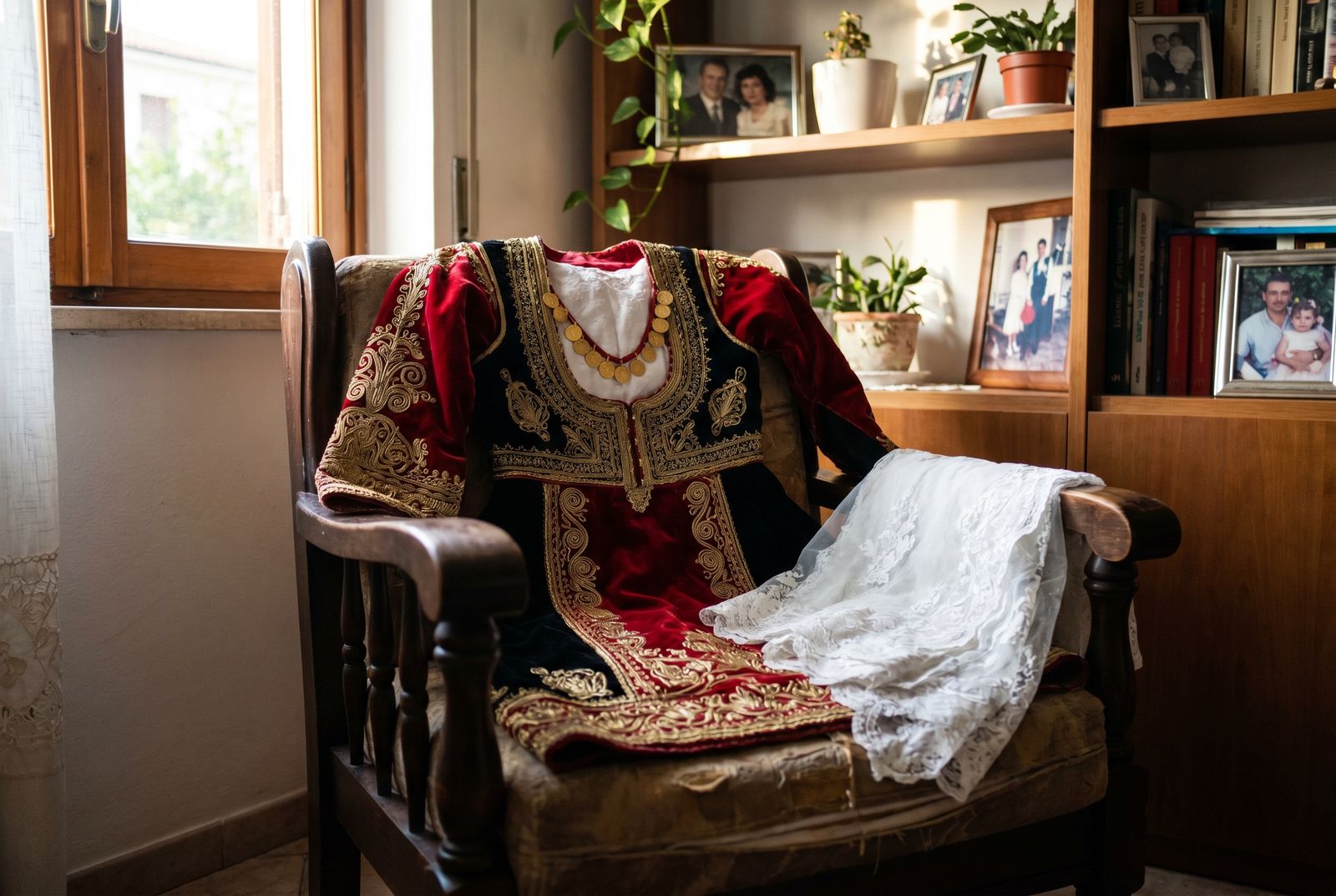 Kostum tradicional i nuses shqiptare me fije ari dhe stoli me monedha mbi një karrige