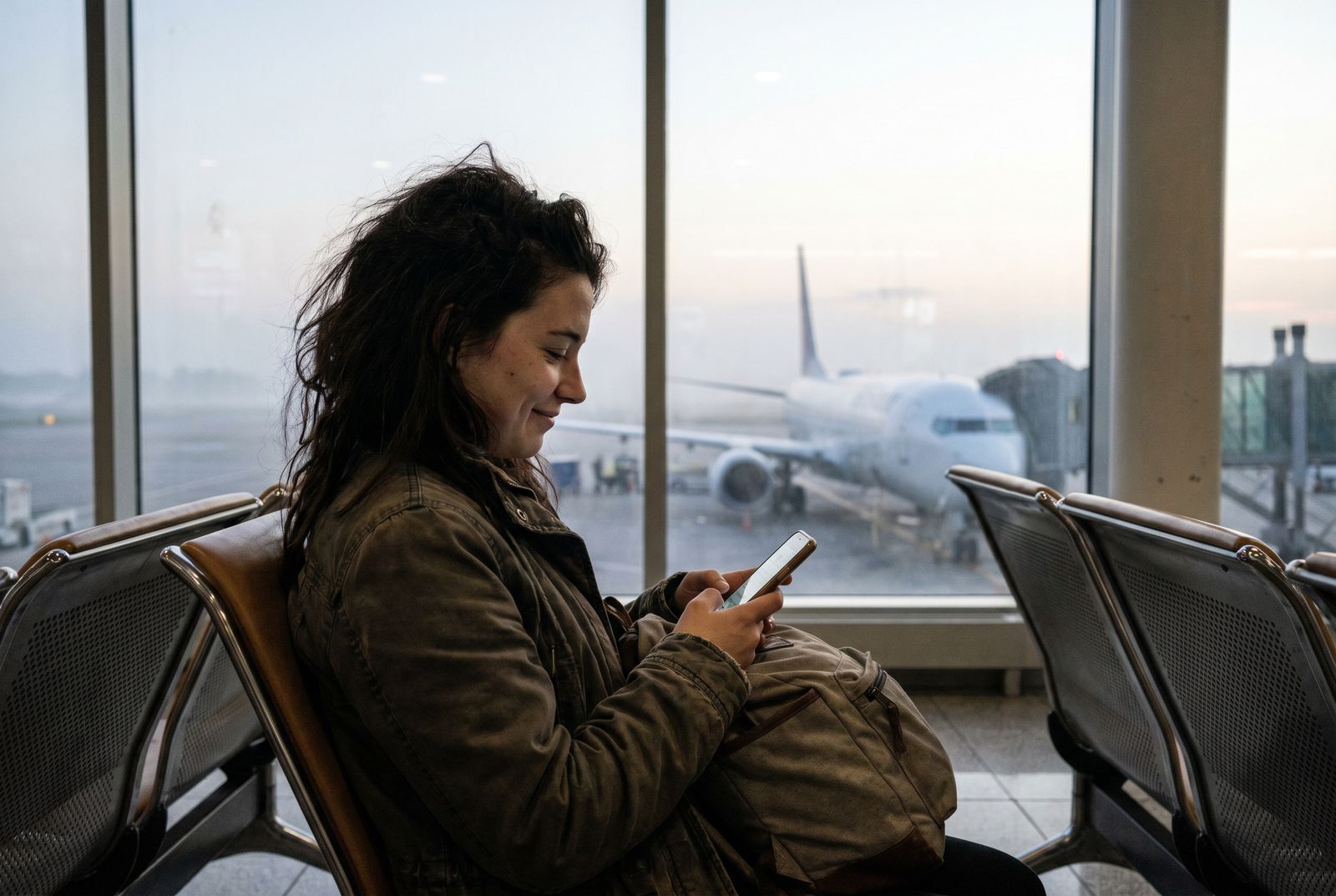 Vajzë e re në aeroport te porta e nisjes, shikon telefonin në agim, me çantën e udhëtimit anash