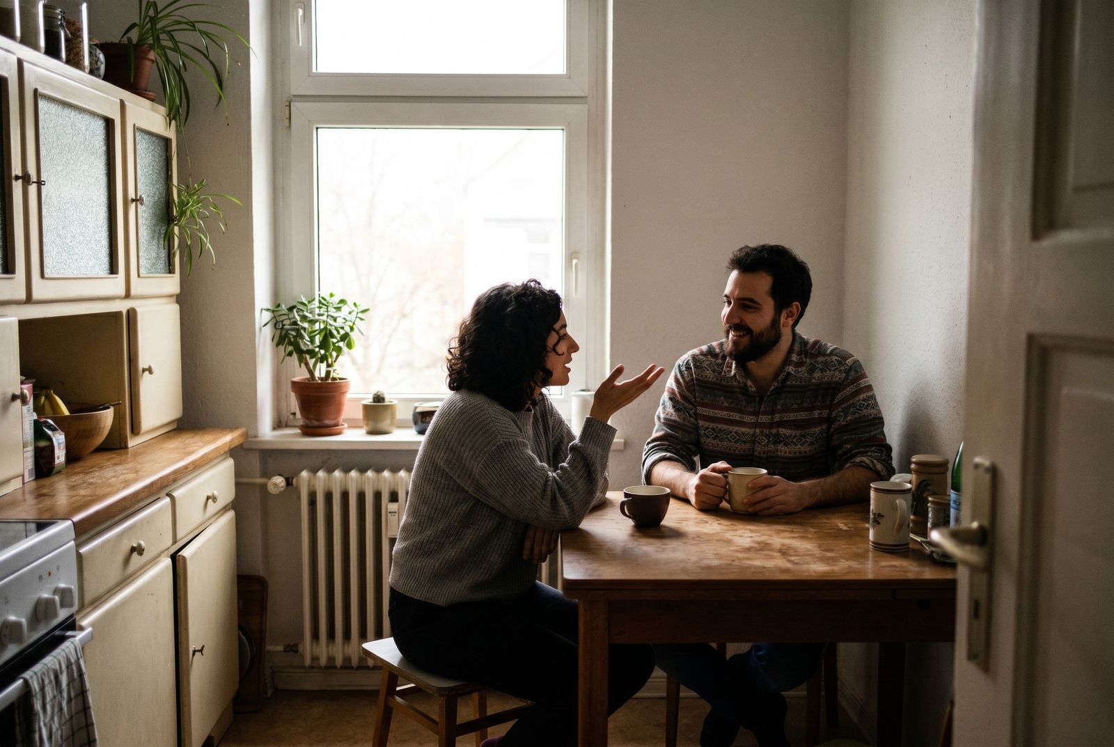 Çift i ri ulur bashkë te një tavolinë kuzhine, duke folur mbi dy filxhanë kafeje